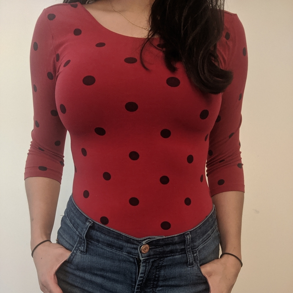Forever 21 Red and Black Polkadot 3/4 Sleeve Shirt